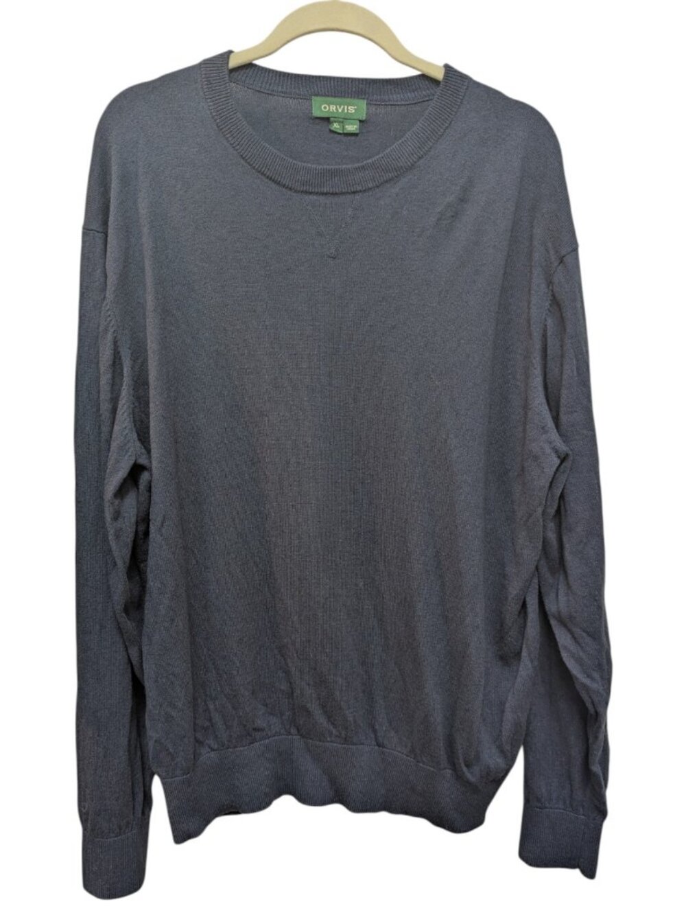 Orvis Mens Crew Neck Sweater Navy Blue Cotton Silk Cashmere Blend Size XL